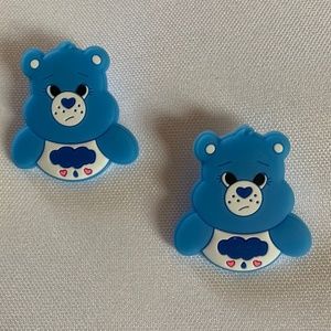 NWT. Handmade Pierced Earrings of the Blue Care Bear with Rain Clouds!